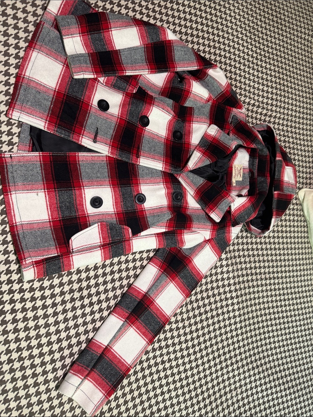 Faded Glory Red, Black & White Plaid Pea Coat
